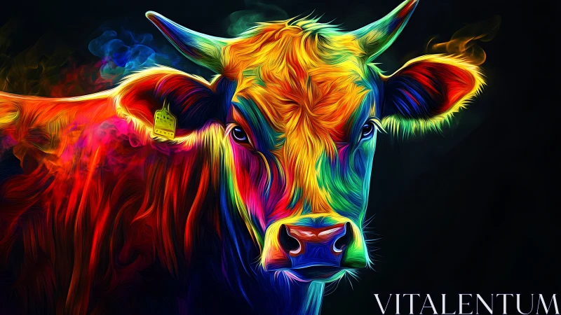 Colorful cow portrait glowing with playful neon warmth.