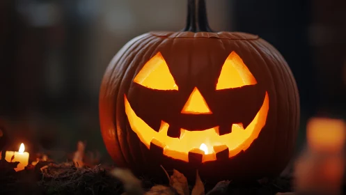 Grinning jack-o’-lantern glows warmly on a spooky night