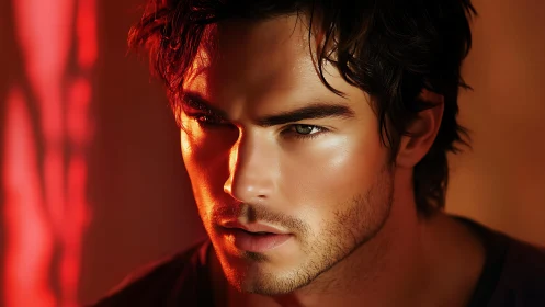 Moody male portrait in warm cinematic lighting and shadow.