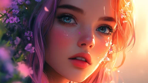 High-fidelity floral portrait of iridescent-lit digital muse.