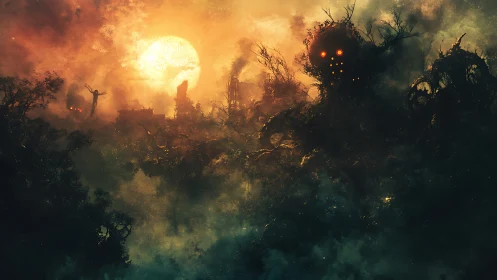 Colossal forest entity against burning industrial sunlit sky.
