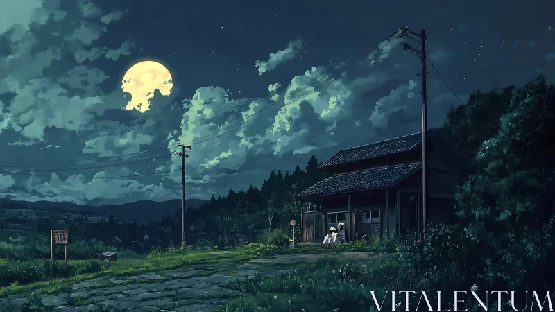 Moonlit country road and cozy house under dreamy night sky.