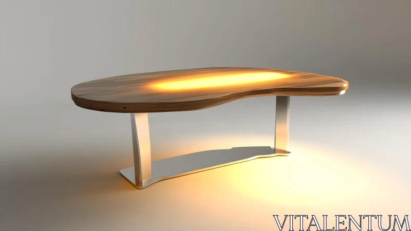 Modern kidney-shaped wooden desk with integrated lighting, minimal style.