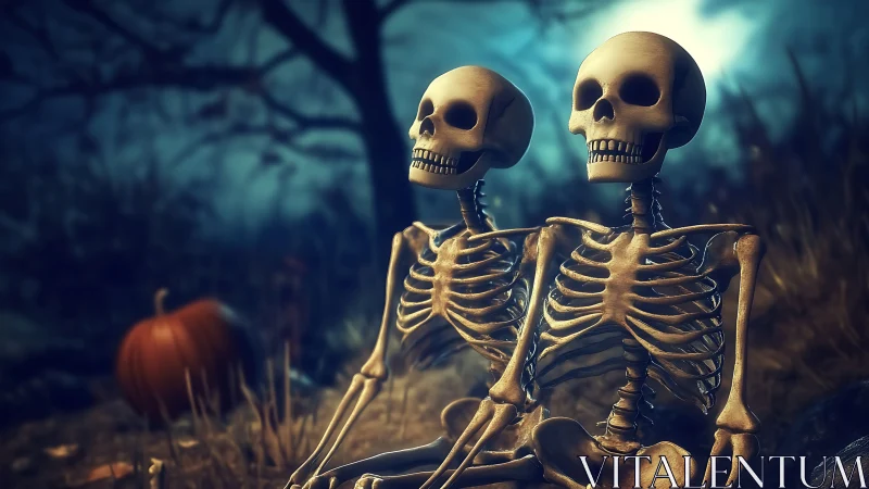 Digital skeleton couple under moonlit Halloween sky.