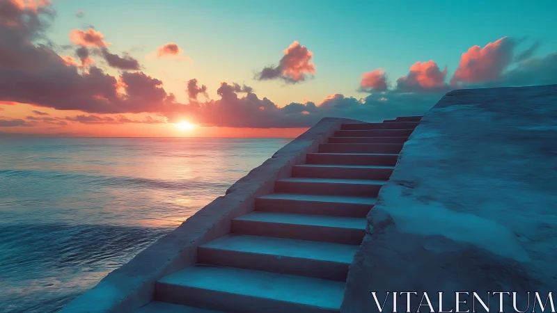 Seaside concrete stairs leading toward vivid ocean sunset.