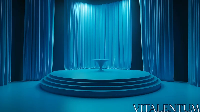 Circular blue stage with central pedestal under draped curtains