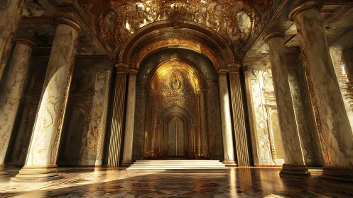 Ornate gilded hall with marble columns and central portal.