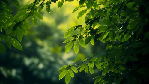 Sunlit Forest Leaves with Dew, Nature Photography Style.