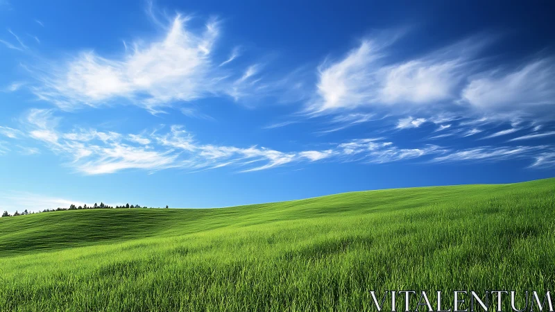 Green hillside under blue sky with high thin clouds.