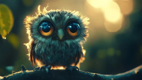 Whimsical baby owl with large eyes in dreamy forest light.