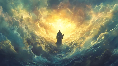 Storm-torn ocean opens as a radiant wanderer walks through