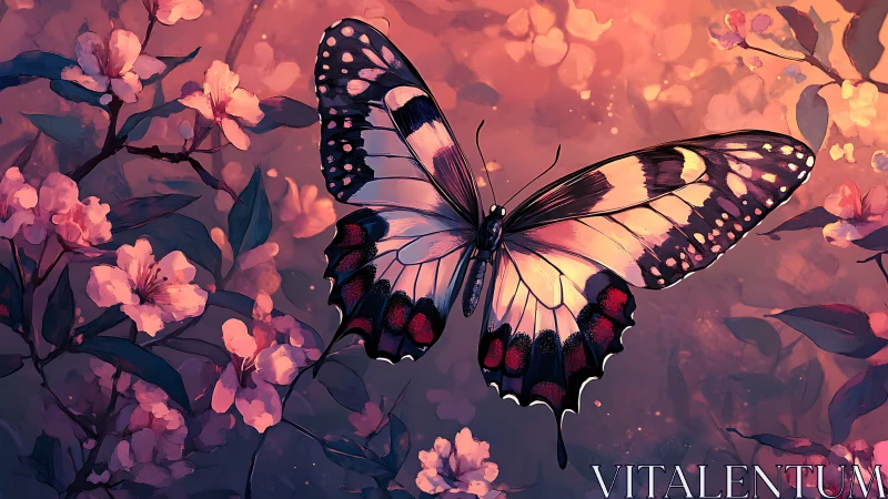Twilight butterfly drifts through glowing blossoms in bloom.
