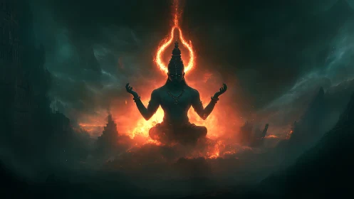 Fiery meditative deity silhouette in stormy cosmic void.