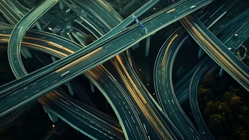 Layered urban freeway interchange under nightfall glow.