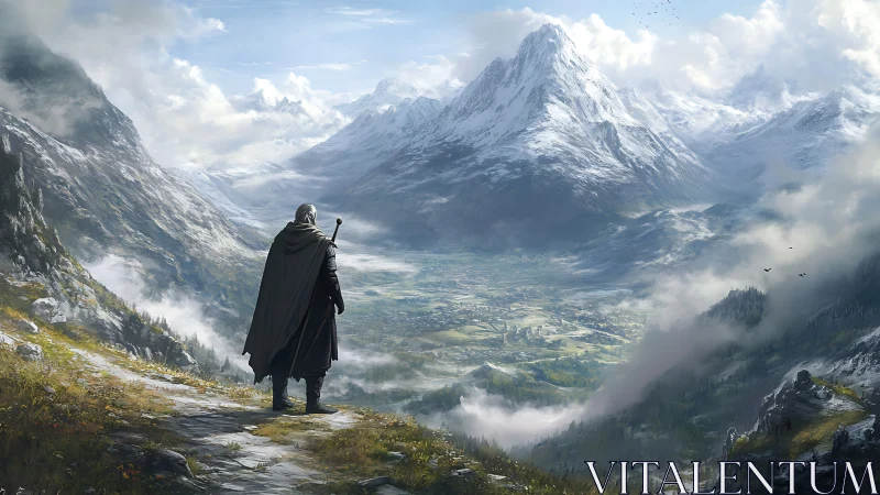 Solitary cloaked figure surveys expansive alpine valley