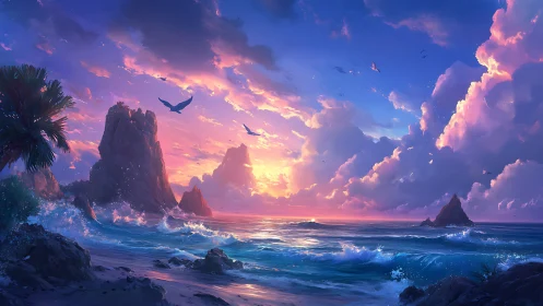 Skyfire surf and violet cliffs at enchanted island dusk.