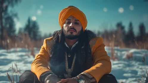 Golden turban warmth resting gently in a winter meadow.