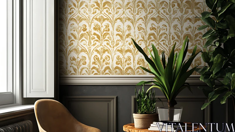 Sunlit botanicals against golden damask calm interior wall.