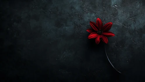 Single crimson flower glows against a moody dark backdrop