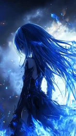 Side-lit blue-haired entity channels volatile elemental energy