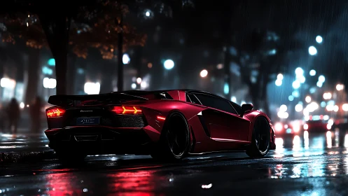 Red sports car on wet city street at night in rainfall.