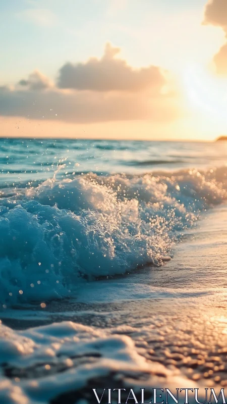 Sunlit shore break with glowing spray in warm pastel dusk.