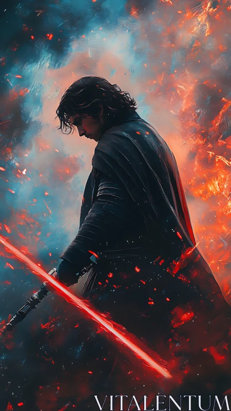 Dark warrior holding red energy blade amid burning storm