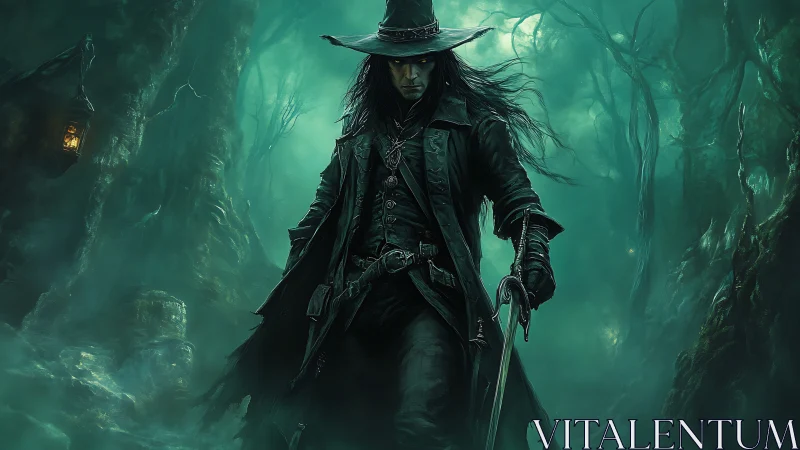 Mysterious forest hunter strides through emerald misted night.