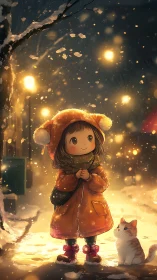 Girl watches first snowfall under warm streetlights with cat