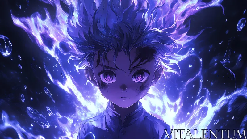 Intense anime child enveloped in high energy violet plasma aura