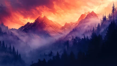 Sunlit mountain ridge rises above conifer forest and mist