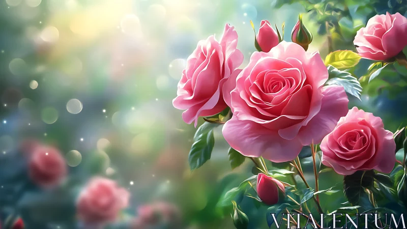Pink Roses Bloom in Soft Sunlight.