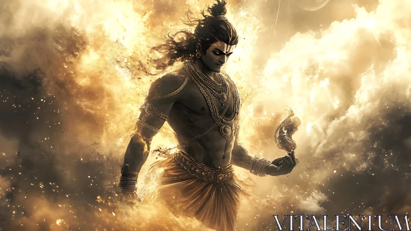 Mythic warrior figure stands in glowing storm of light