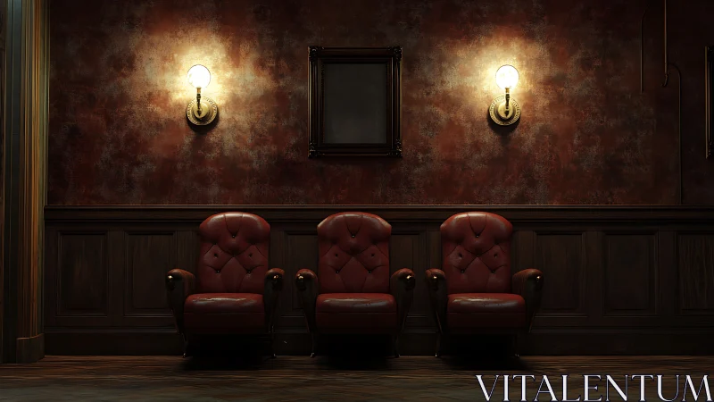 Quiet red armchairs wait under warm lights in a rich hallway