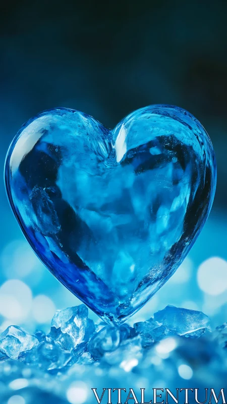 Ice Crystal Heart Shape Against Blue Bokeh Background.
