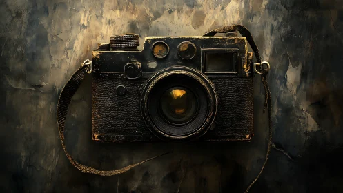 Vintage rangefinder camera on textured dark background.