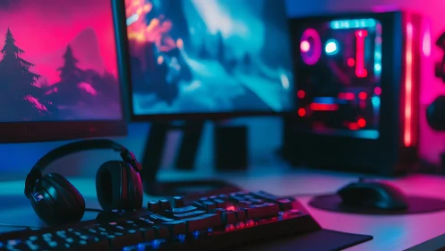 RGB gaming battlestation glows with dual monitors and PC