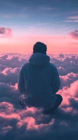 Dreamy figure resting above soft pink sunset clouds.