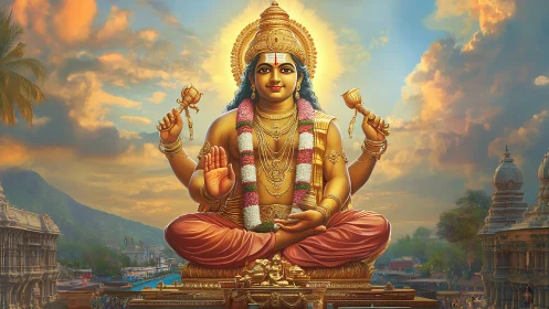 Golden deity at sunrise radiating calm temple blessings.