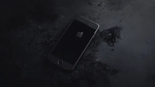 Black iPhone lies on dark textured surface with screen off