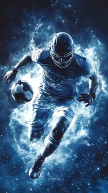 Energetic football striker in blue plasma particle explosion