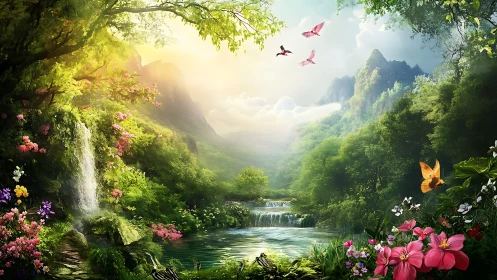 Lush fantasy valley shows waterfall, pools, flowers, and birds