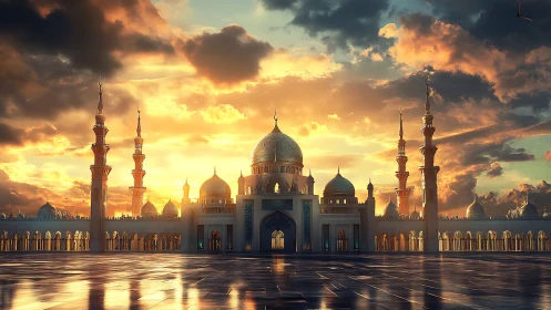 Grand mosque courtyard reflects warm sunset behind domes