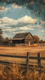 Weathered barn anchors golden autumn prairie field.