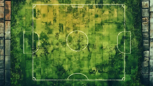 Weathered rooftop football pitch glowing in urban moss.