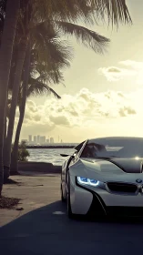 Sunlit waterfront drive welcomes a sleek white sports car