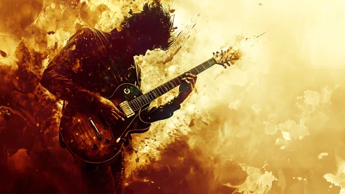 Silhouette guitarist plays electric guitar in fiery abstract haze