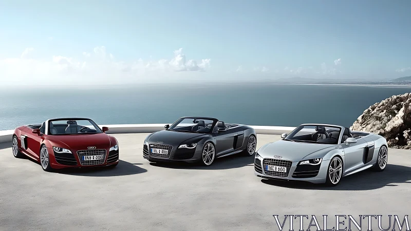Three convertible sports cars parked beside coastal viewpoint.