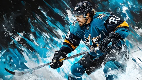 Hockey player in teal jersey charging across icy canvas.