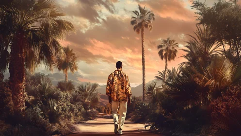 Sunset wanderer strolls a tranquil palm-lined desert path